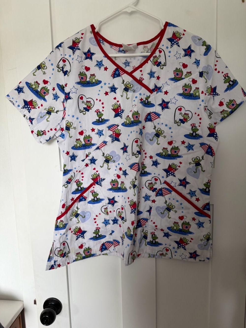 Scrubstar White Medical Top with Red Trim and Blue Accents